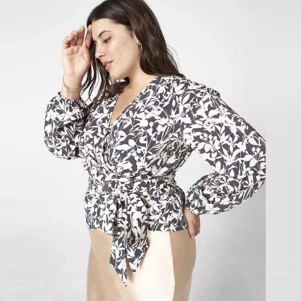 NWOT Lane‎ Bryant Floral Wrap Top Black/Cream Tie Waist Long Sleeve Size 20